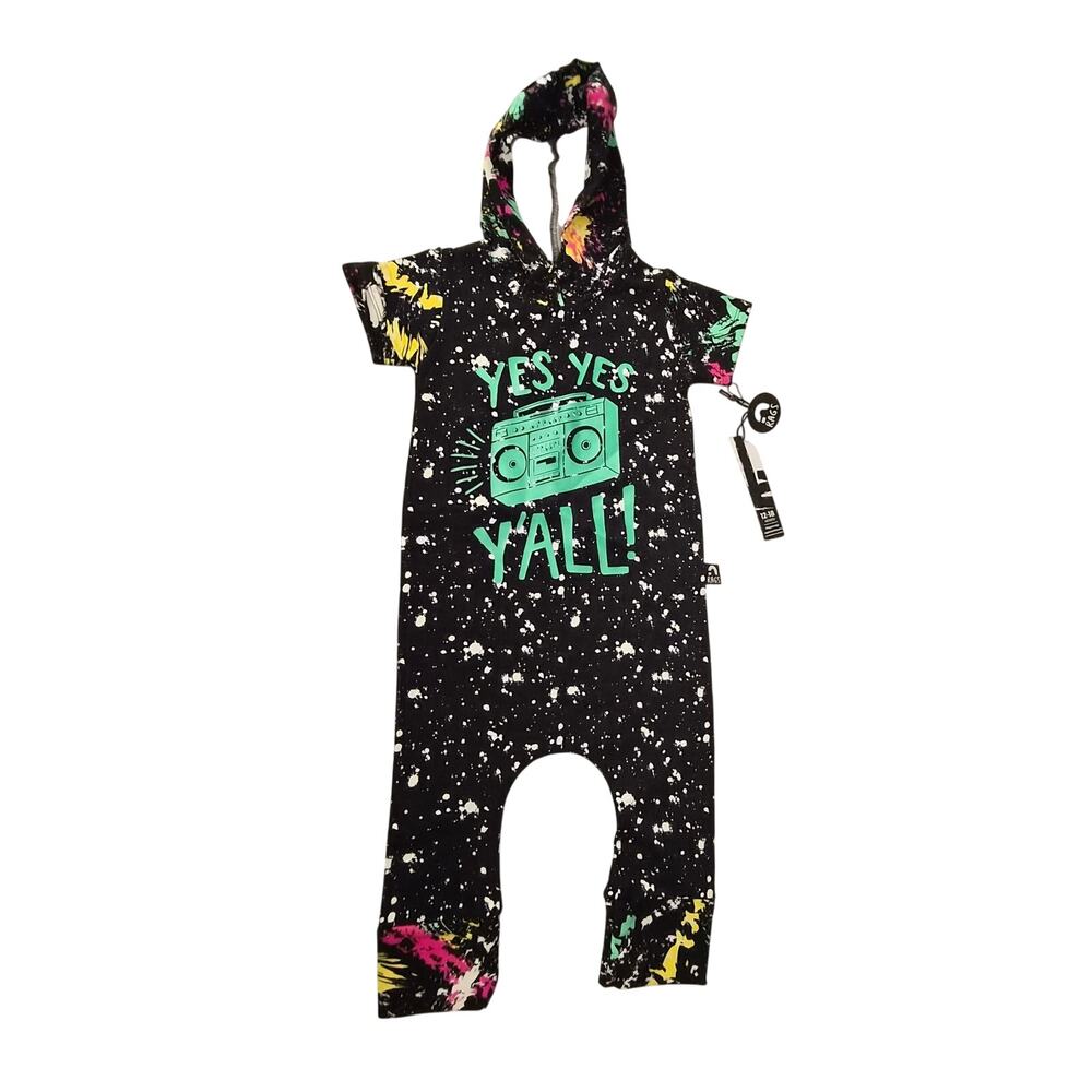 RAGS 12-18M Neon Paint Splatter Boombox Romper Hooded Jumpsuit NWT Hip Hop